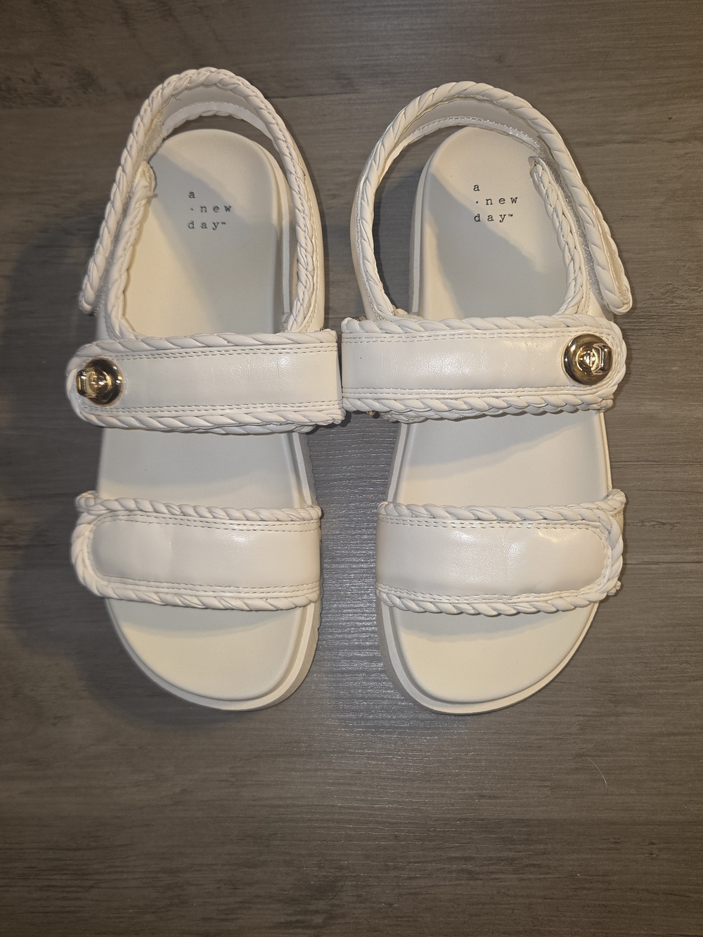 a new day White Braided-Strap Sandals with Gold Button Detail